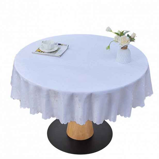 SHOPENTRA KULATÝ bílý ubrus, Ø140cm, květinový vzor, voděodolný a pratelný, elegantní jídelní ubrus
