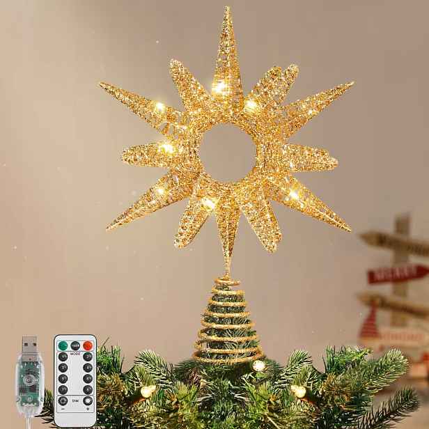 Hvězdička na špičku vánočního stromku Podsvícená Led Topper Zlaté Vánoce