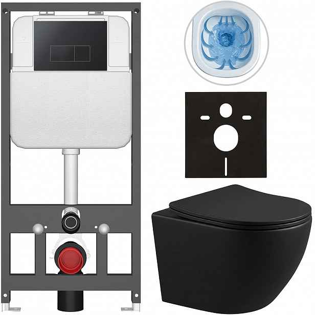 Kompletní WC set Basic/Cesso - černá matná - WC tlačítko Modulo/Černá - závěsné - předstěnová instalace - 49x36 cm - 8050BD86368