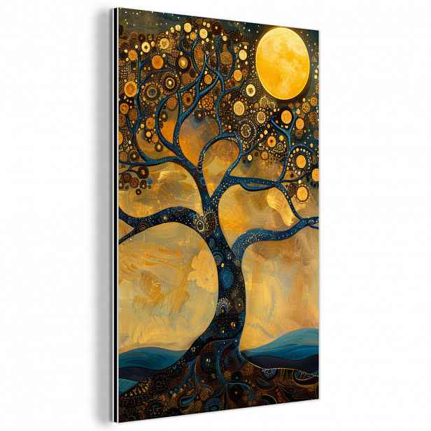 MuchoWow KOVOVÝ OBRAZ Strom - Měsíc - Květiny - Zlato - Umění 40x60 cm