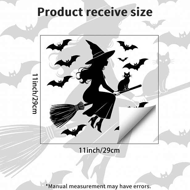 TEMU 1ks Dekorativní samolepka na okno s čarodějnice, černé kočky a netopýra na Halloween, čarodějnice na koštěti se siluetou černé kočky a netopýra,