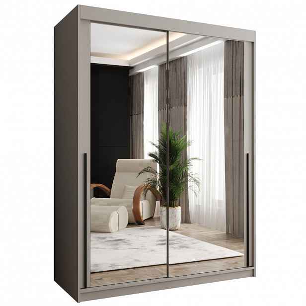 Home Collective ŠATNÍ SKŘÍŇ S POSUVNÝMI DVEŘMI se zrcadlem, šířka 150 cm, kašmírová s černým madlem