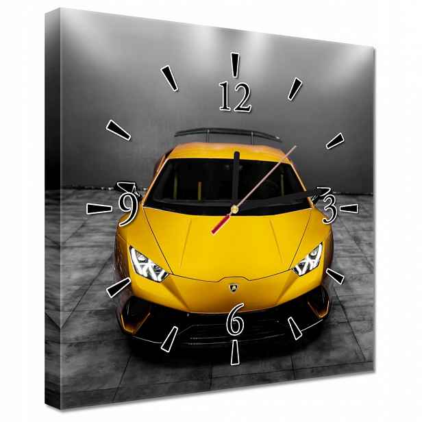 Nástěnné hodiny 30x30 Žluté sportovní auto