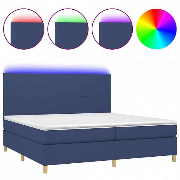 vidaXL Box spring postel s matrací a LED modrá 200x200 cm textil