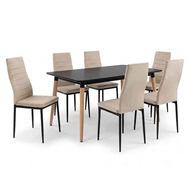 Jídelní stůl 120x80 cm černý s bukovými nohami 6 béžových sametových židlí Axell