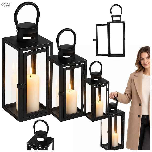 3x Skleněný Lampion Velký Černý Lampa Sada lampionů lampiony