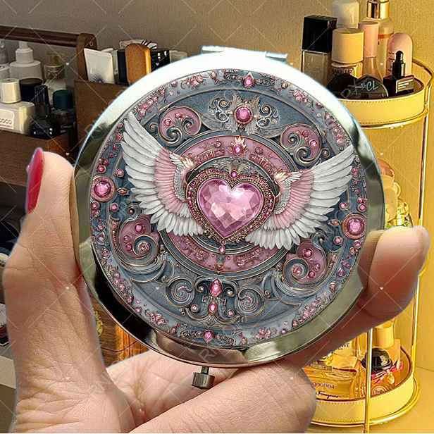 TEMU 1ks 2D ploché přenosné make-up zrcátko Veselé Vánoce srdce s křídly vintage design růžový drahokamový rám ideální pro vánoční dárek a cestování