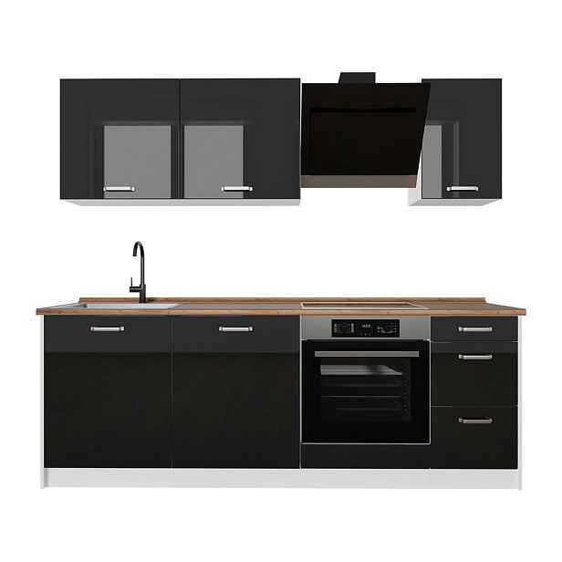 Vicco KUCHYŇSKÝ KOUT R-Line, Černý vysoký lesk/Bílá, 220 cm pracovná doska Dub Goldkraft