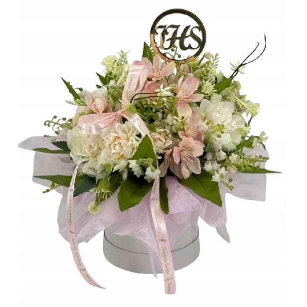 Flower Box Svaté Přijímání růžovo-bílý s topperem Ihs dárek