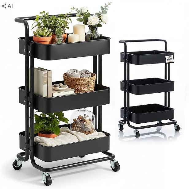 Kuchyňský regál na kolečkách, kovový, 87 cm, černý, mobilní skříňka