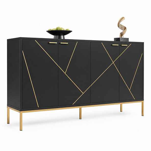 STILVORA KUCHYŇSKÁ SKŘÍŇ v černé barvě se 4 dvířky a kovovými nohami, do obývacího pokoje a TV prostoru, 150 × 40 × 80 cm