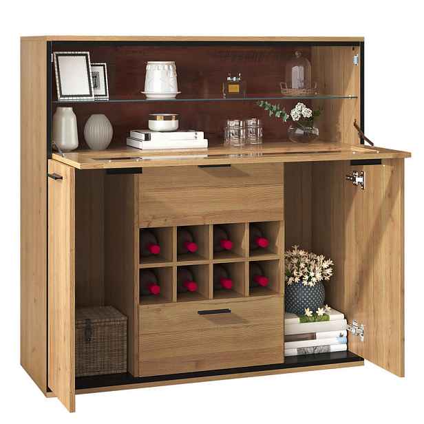 Modenvie BUFFET na víno, 110/38/111 cm, dřevodekor/černá, s LED osvětlením