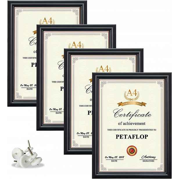 Rámeček na fotografie Diplomy Certifikáty Sada 4ks Barva černá A4