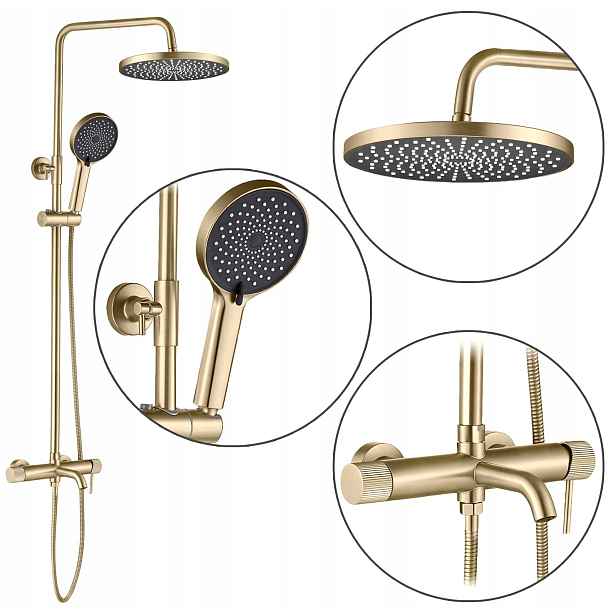Stříkací sada s dešťovou sprchou Lungo Stripe Brush Gold s vanovým výtokem