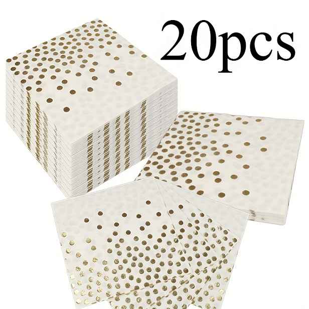 TEMU 20 ks Sada 2-vrstvých měkkých ubrousků se zlatou fólií a puntíky, 25 cm x 25 cm rozložené, pro svatby, čajové dýchánky, narozeninové oslavy,