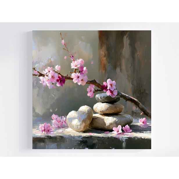 Obraz Na Plátně Canvas Dekorace Větvička Květiny Višeň Kámen Srdce 50x50