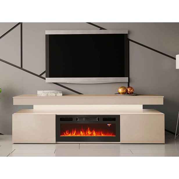 TV stolek s elektrickým krbem HYDA - pískový béžový + LED osvětlení ZDARMA
