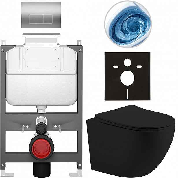 Kompletní WC set Basic/Cesso - černá matná - WC tlačítko Modulo/Stříbrná - ovládání shora - předstěnová instalace - 49x36 cm - 8050BD86235