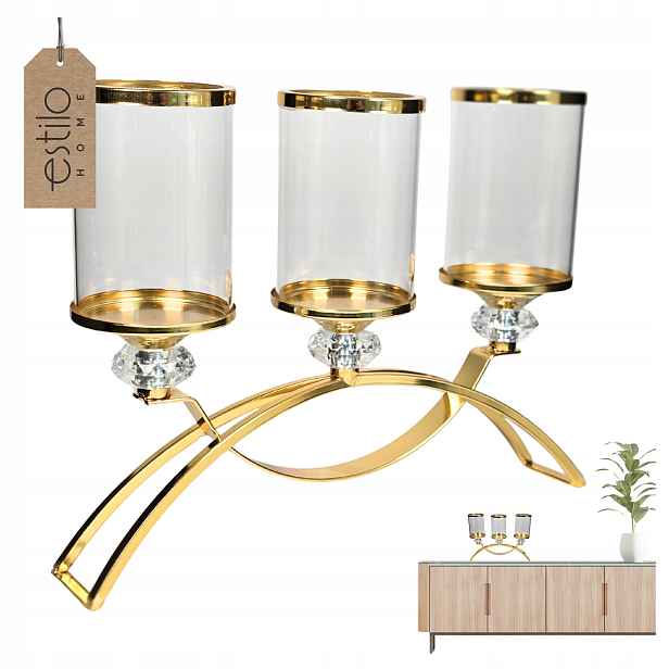 Skleněný svícen Trojitý Vánoční Zlatý na Tealight Glamour Lampion