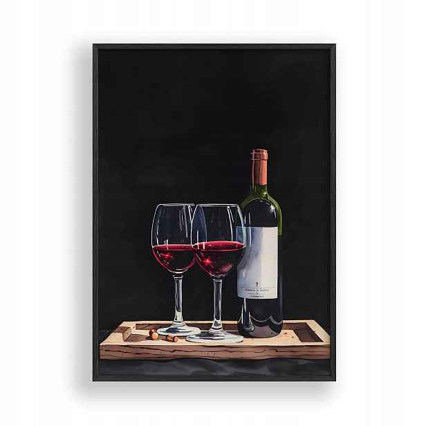 Obraz Víno Skleničky a láhev Plakát Rámeček Dřevěný Černý 30x42 cm