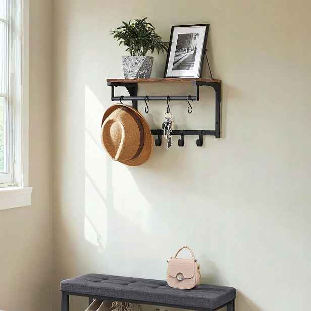 Nástěnná police s věšáky 40x24x24 cm Hnědo-černá Loft