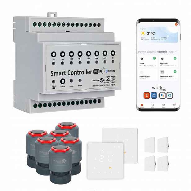 Sada pro vytápění podlah. WiFi Tuya CH8W 6 pokojů termostaty PRO3 Bílá