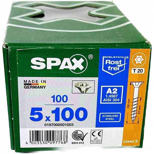 Nerezové vruty 5x100 mm, vruty do dřeva 100 ks, Ocel A2 Spax
