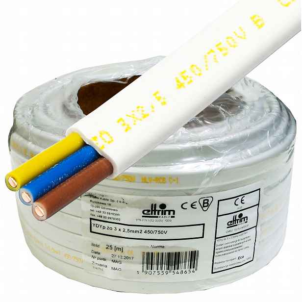 Plochý měděný kabel YDYp 3x2,5 mm Cu 750V 3x2,5 750V měděný drát 25 m