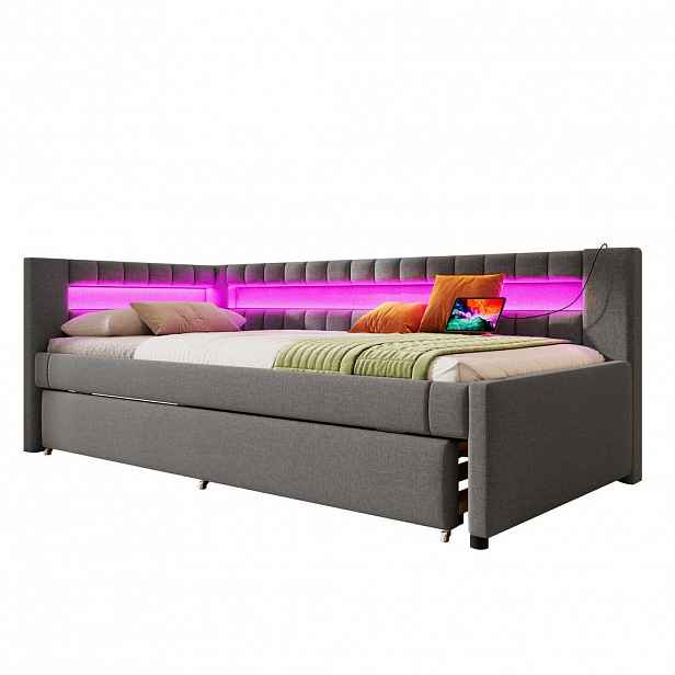 WISHDOR ROZKLÁDACÍ POHOVKA 90/200 cm & 90/190 cm v šedé lněné látce s výsuvným lůžkem, LED osvětlením a USB Type-C