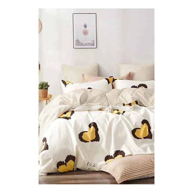 Žluté prodloužené povlečení na dvoulůžko z bavlny Renforcé s prostěradlem/4dílné 200x220 cm Double Heart – Mila Home