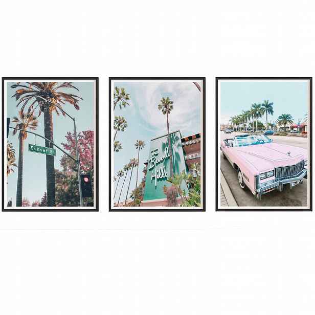 Obrazy Kalifornie Beverly Hills Plakáty Rámečky Dřevěné Černé 3ks 30x42cm