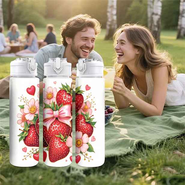 TEMU 1ks Sportovní plastová láhev na vodu s potiskem jahodového květu, 750ml/26oz, nepropustná s vysouvacím víčkem, lehká, pevná, odolná,