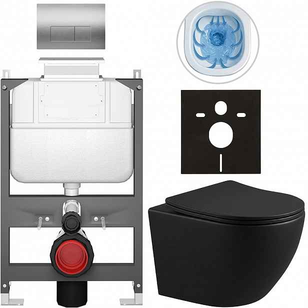 Kompletní WC set Basic/Cesso - černá matná - WC tlačítko Modulo/Stříbrná - ovládání shora - předstěnová instalace - 49x36 cm - 8050BD86370