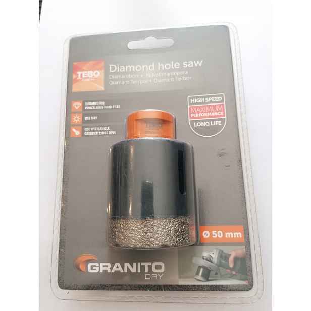 Korunkový Vrták Fi 50 mm Granito Dry Tebo na suchý zip 15 mm pro Slinuté Dlažby