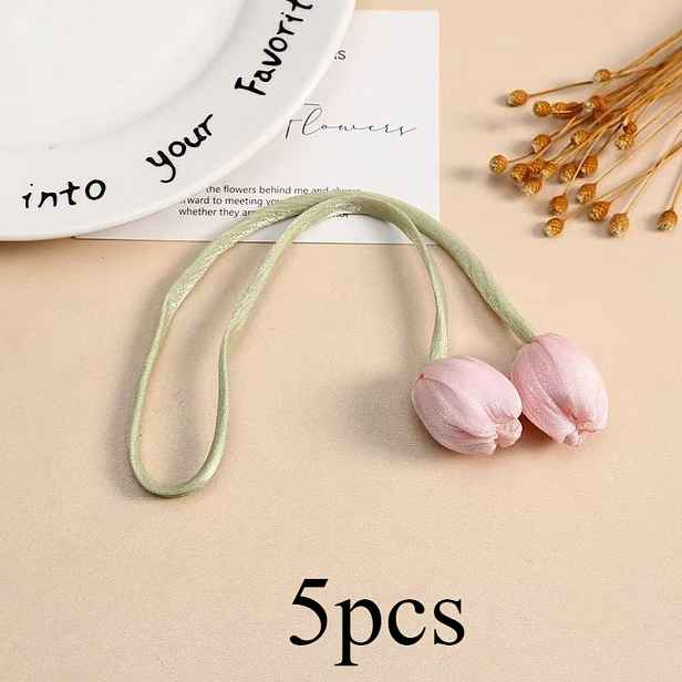 TEMU 5 ks Elegantní tyčinky na závěsy s tulipány - Klasické polyesterové tyčinky do zahrady s růžovými květy a zelenými , elegantní doplňky k závěsům