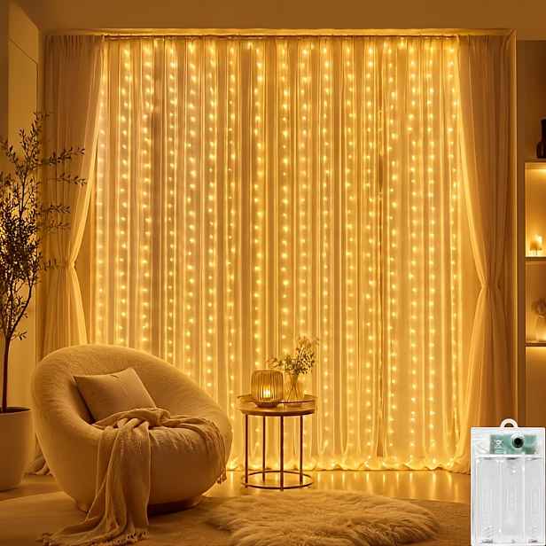TEMU Závěsová světla v teplých tónech × vybavená 300 LED žárovkami a 8 světelnými efekty. Na baterie. Vhodné pro ložnice, svatby, Vánoce a všechny