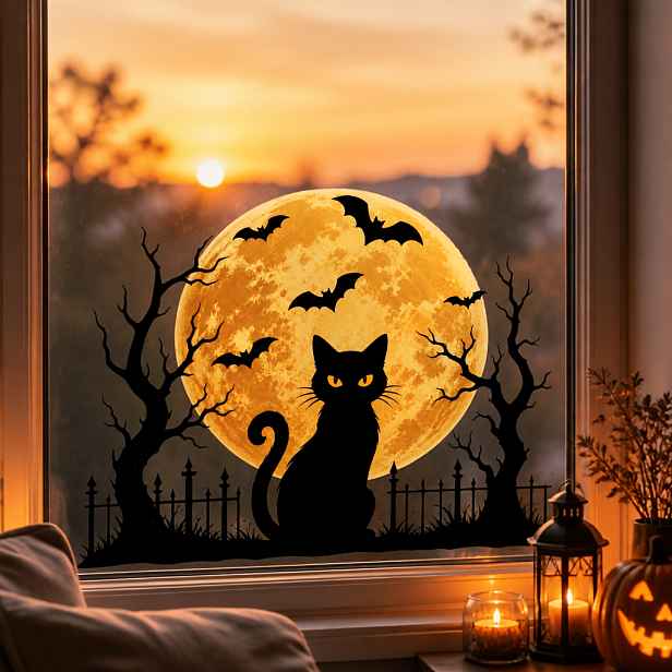 TEMU 1 ks Celobílá Kočka Halloweenská Samolepka na Okno, Teplé Žluté Polkruhové Pozadí, Silueta Černé Kočky s Žlutýma Oči, s Mrtvým Stromem,