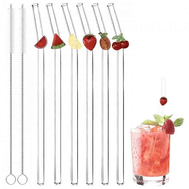 TEMU 6ks Balení Opakovaně Použitelných Skleněných Brček s Roztomilými Přívěsky & 2 Kartáčky Vhodné pro Boba Čaj, Smoothies, Kávu, Džus - Nerozbitné