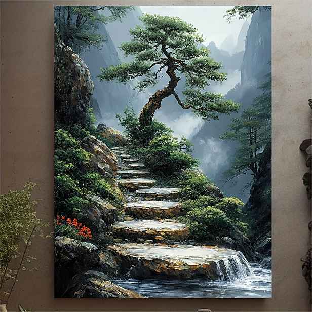 TEMU Jednodílný obraz na plátně s zenové zahrady o rozměrech 30,48 x 40,64 cm s japonským bonsají, ideální pro dekoraci stěn, dekorace kamenné pro