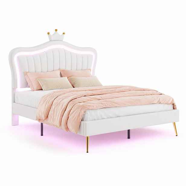 CHICFURN DĚTSKÁ ČALOUNĚNÁ POSTEL 140/200 cm v bílé barvě s LED osvětlením