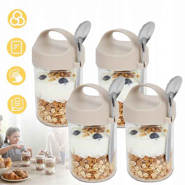 Sada 4 Skleněných Sklenic 410 ML Pro Skladování S Úchytem, Šedá