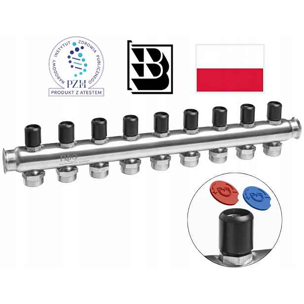 Rozdělovač Inox Home na pitnou vodu 3/4″ z nerezové oceli 9 sekcí