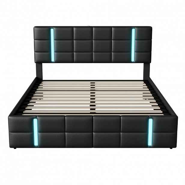 SHOPENTRA MANŽELSKÁ postel 160x200cm černá umělá kůže akryl LED USB