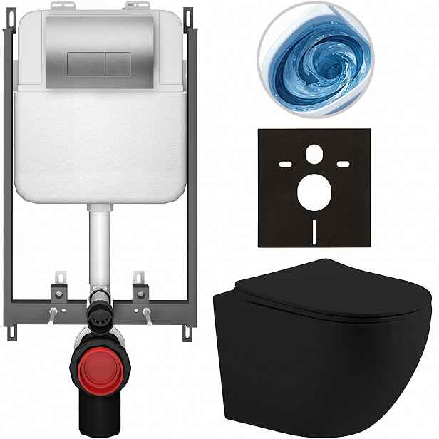 Kompletní WC set Basic/Cesso - černá matná - WC tlačítko Modulo/Stříbrná - pro zazdění - 49x36 cm - 8050BD86236