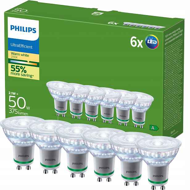 Led žárovka GU10 Philips 2.1W 50W 190lm/W 2700K Teplá 36° Třída A 6 ks
