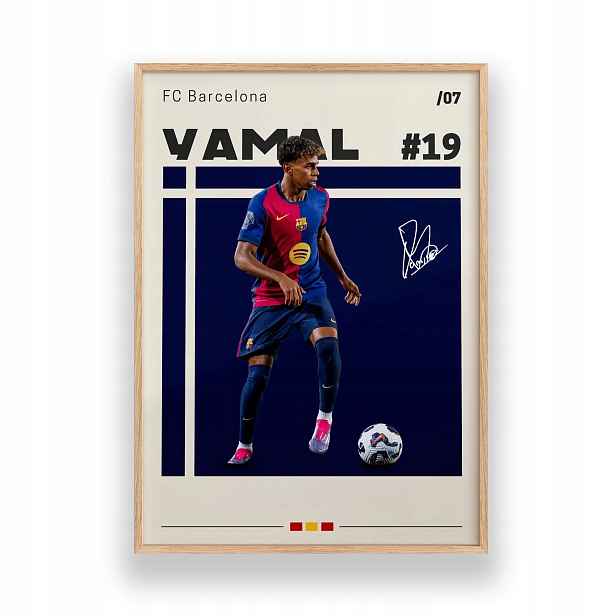 Plakát Yamal s míčem Fc Barcelona A3 Dětský pokoj Rámeček Dřevěný 30x42 cm
