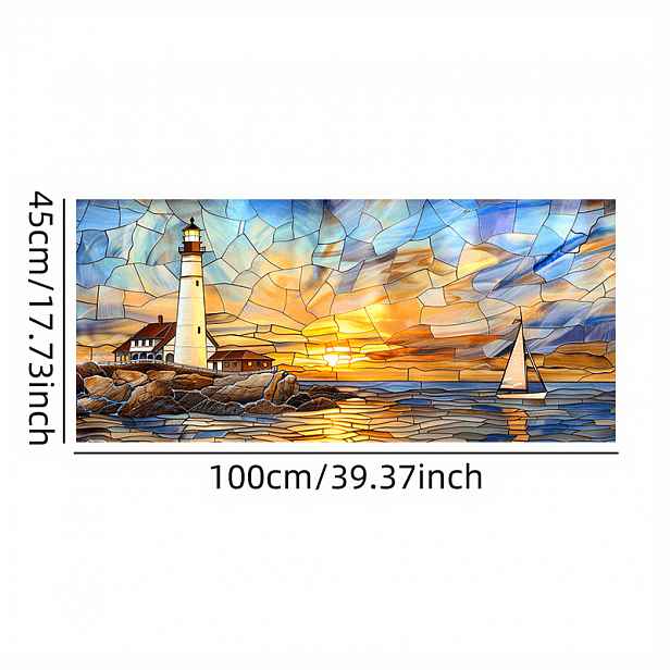 TEMU 1ks Moderní Lighthouse Sailboat Sunrise Stained Glass Window Film, PVC Static Cling Decorative Window Decal, Privacy Protection, 39.37x17.71
