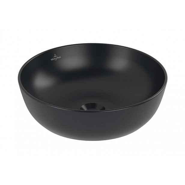 Villeroy & Boch Artis - Umyvadlo na desku, průměr 43 cm, bez přepadu, bez otvoru pro baterii, CeramicPlus, Pure Black 417943R7