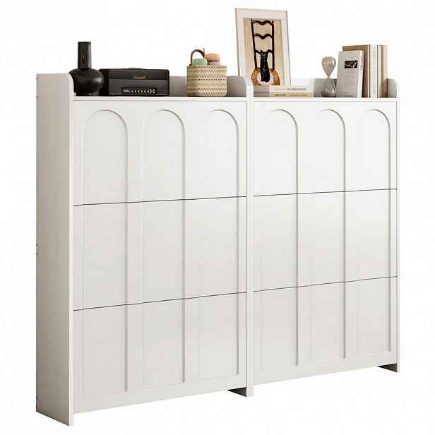 Modfu BOTNÍK z MDF 140x25x120 cm bílý se 6 výklopnými dvířky a zásuvkou, 12 přihrádek