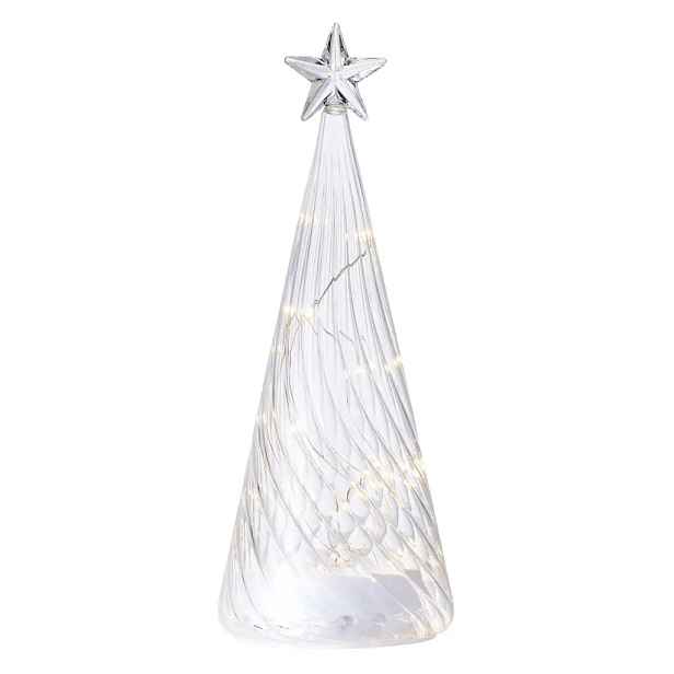 LED svítící stromeček skleněný na baterie, čirý, 26 cm, s hvězdou, AAA